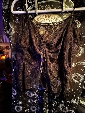 Black Lace Camisole Top with Drawstring Front